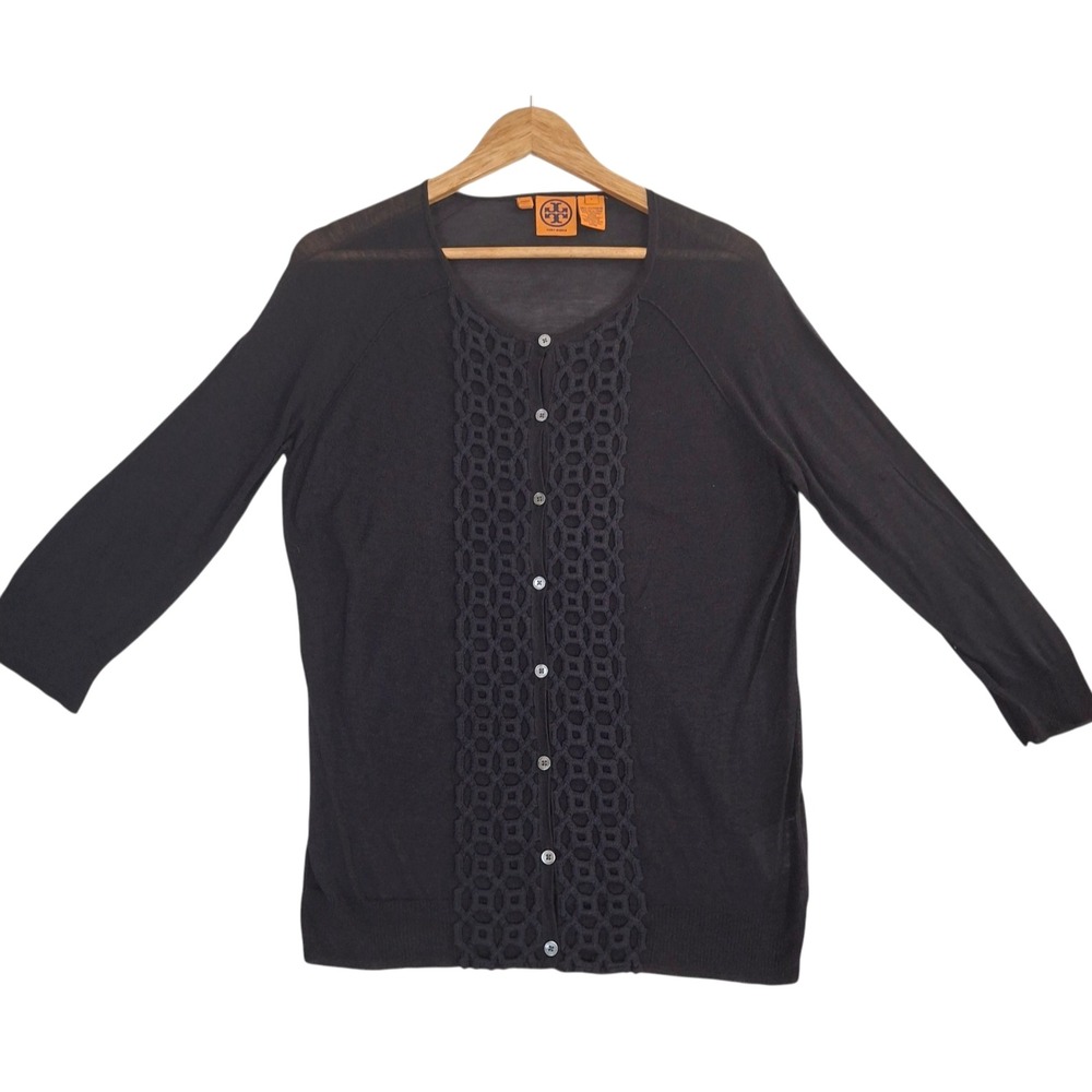 Tory Burch Silk Cashmere Blend Crochet Trim Cardigan Sweater Large Navy Blue